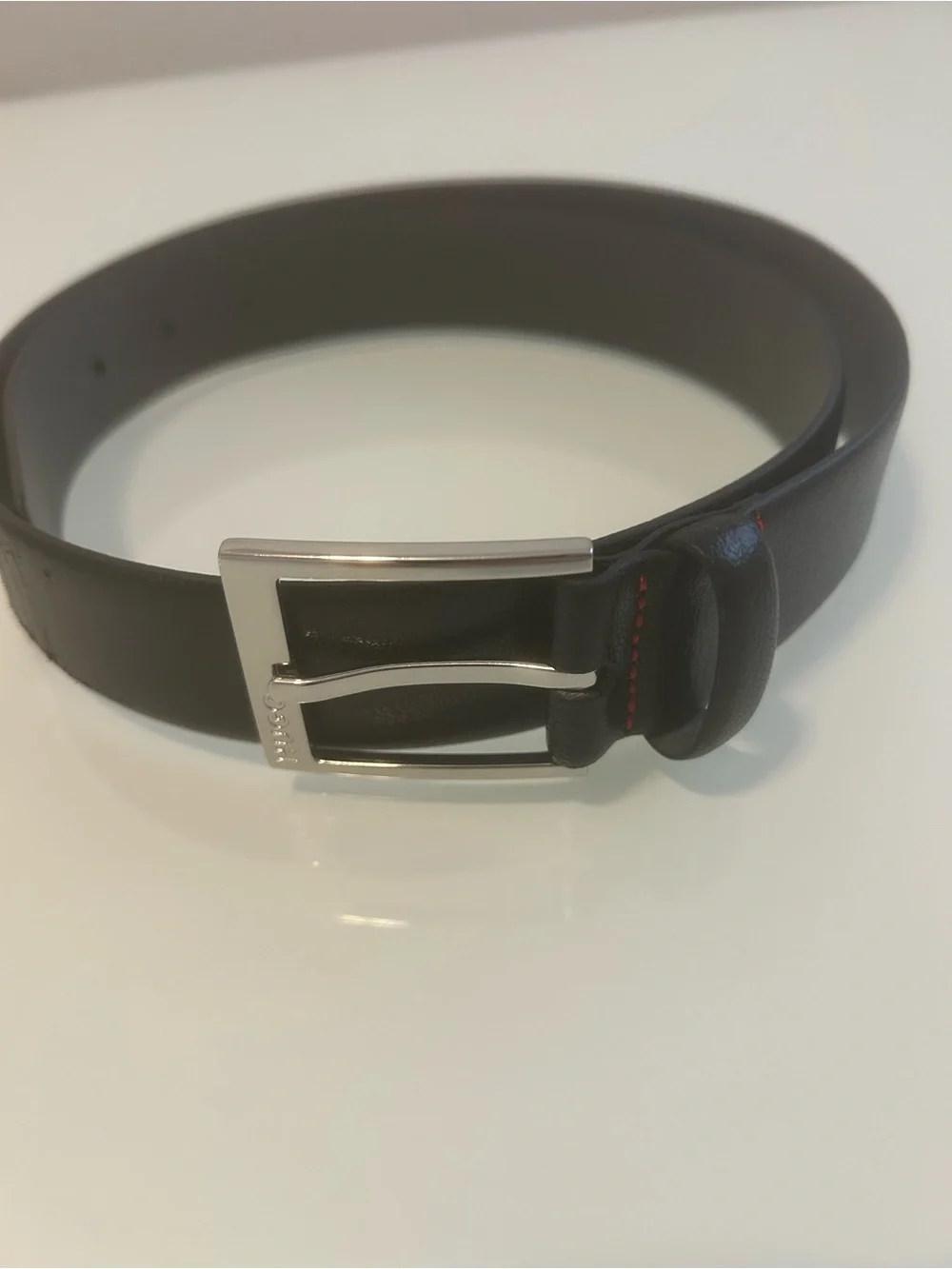 HUGO Black Leather Belt with Silver Buckle